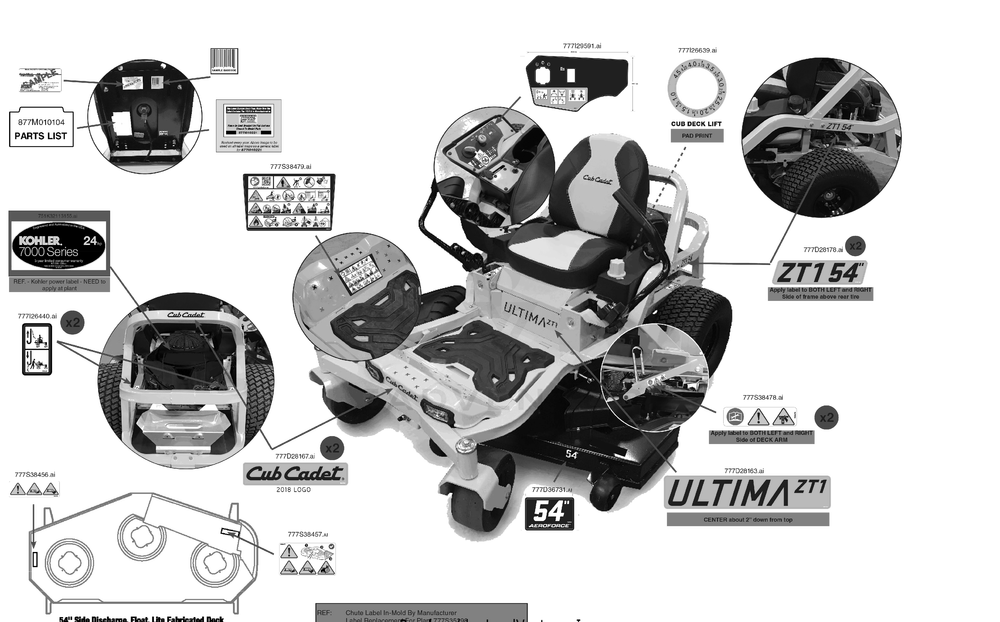 Label Map Diagram and Parts List for ZT1-54KH (17CM010)(2023) Cub Cadet Lawn Tractor